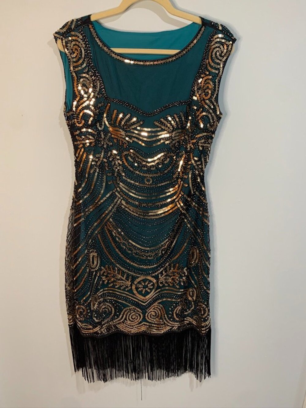 1920s Flapper Dress Teal Gold Sequin Fringe Gatsby Art Deco Size L